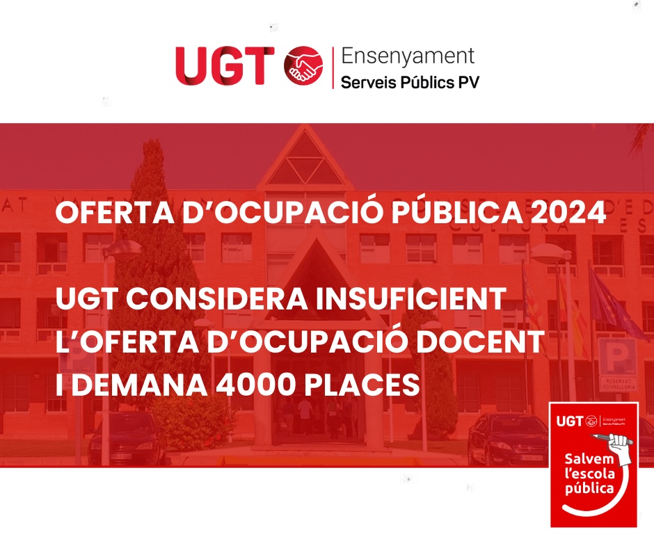 UGT considera totalment insuficient l’oferta pública d’ocupació docent per a 2024