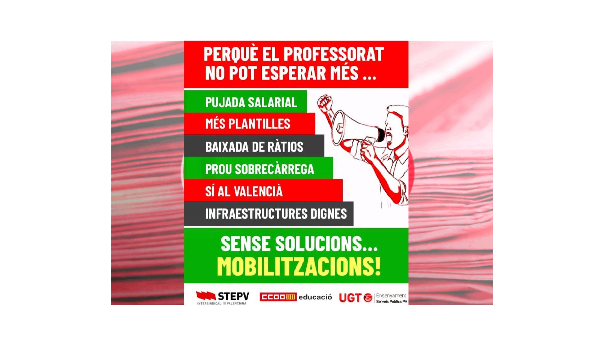 UGT Serveis Públics PV, STEPV I FE CCOO PVconvocaran mobilitzacions per millorar els salaris i les condicions laborals del professorat