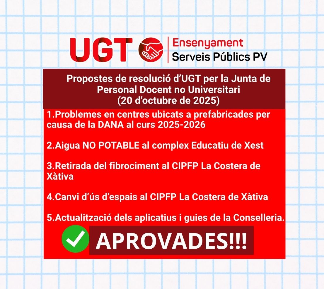 UGT INFORMA.  20/10/25. Resolucions d’UGT per a la Junta de Personal Docent No Universitari.