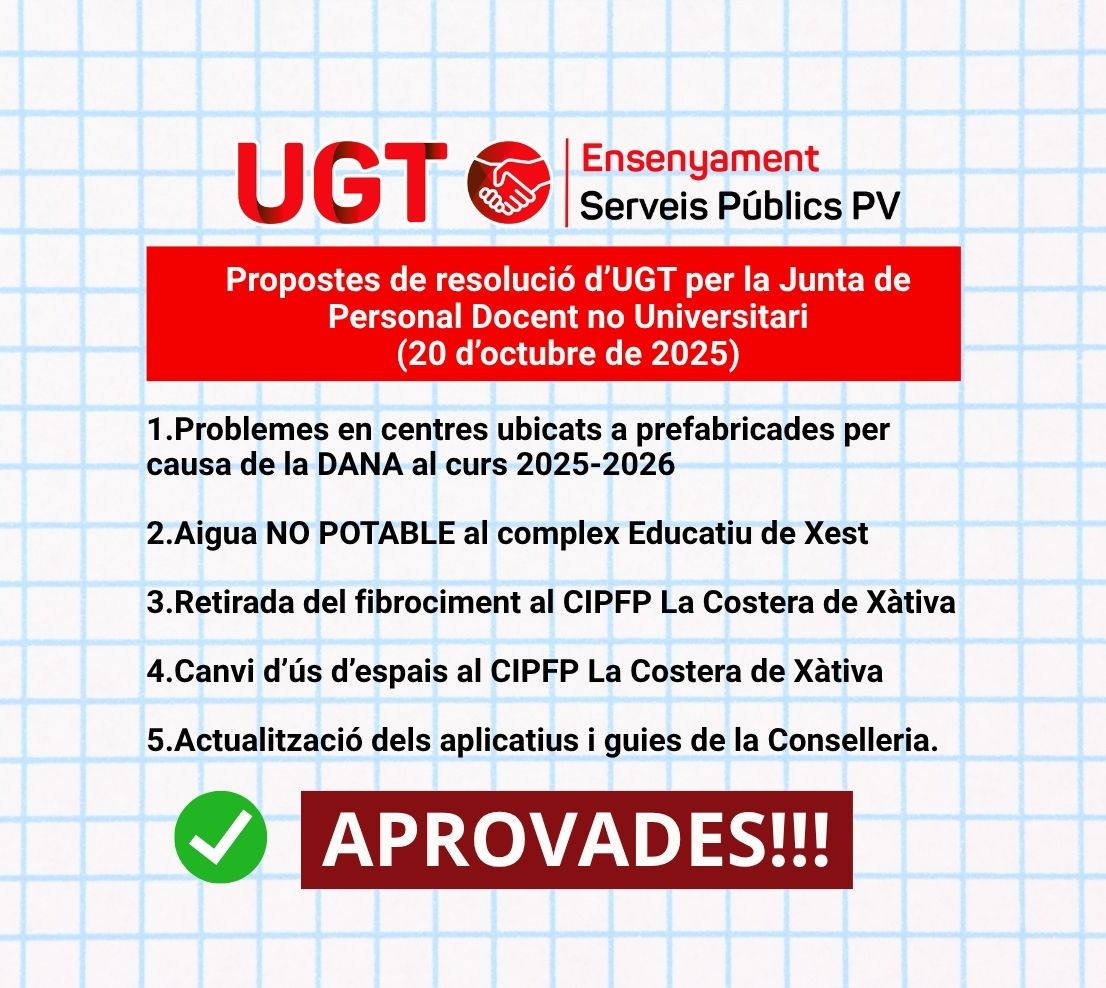 UGT INFORMA.  20/10/25. Resolucions d’UGT per a la Junta de Personal Docent No Universitari.