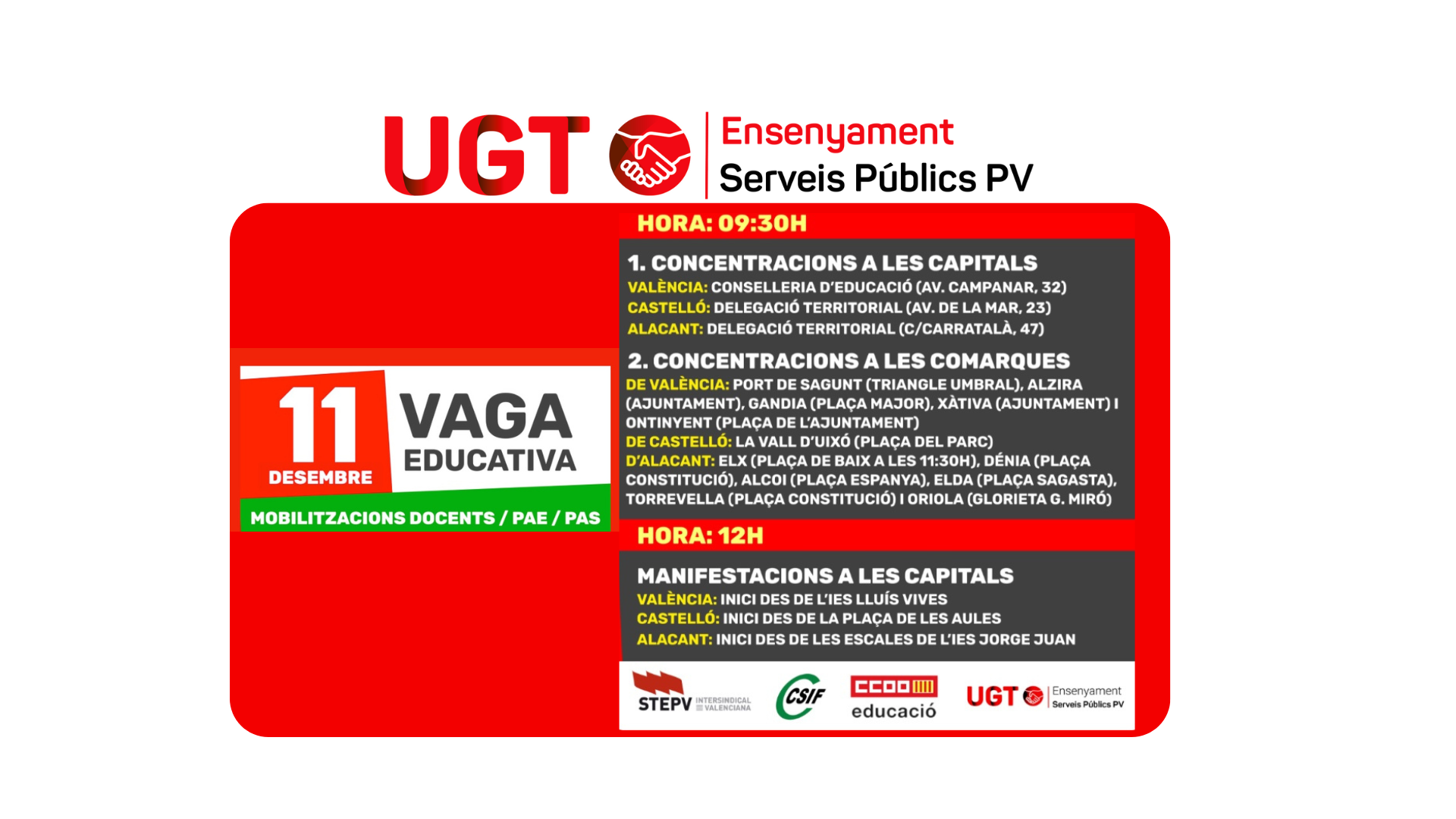 Calendari de mobilitzacions per a la vaga educativa de l’11 de desembre