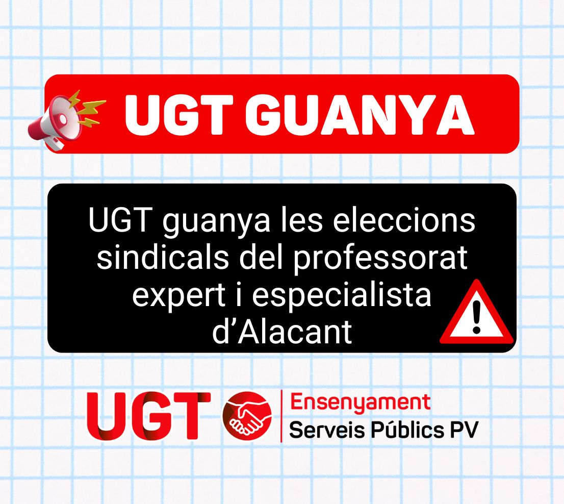 UGT guanya les eleccions sindicals del professorat expert i especialista d’Alacant i es consolida com la força de referència del sector