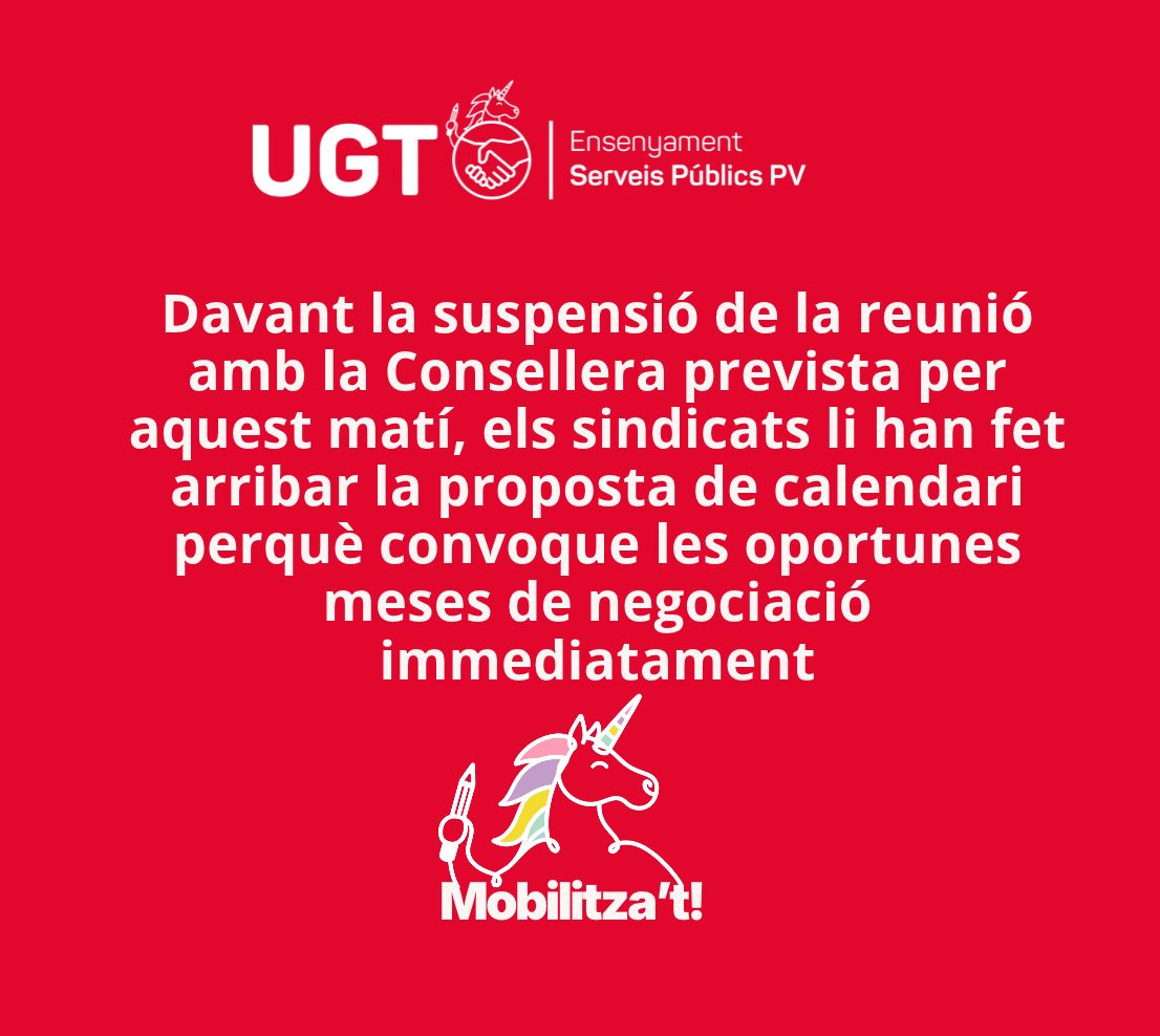 Davant la suspensió de la reunió amb la Consellera prevista per aquest matí, els sindicats li han fet arribar la proposta de calendari perquè convoque les oportunes meses de negociació immediatament