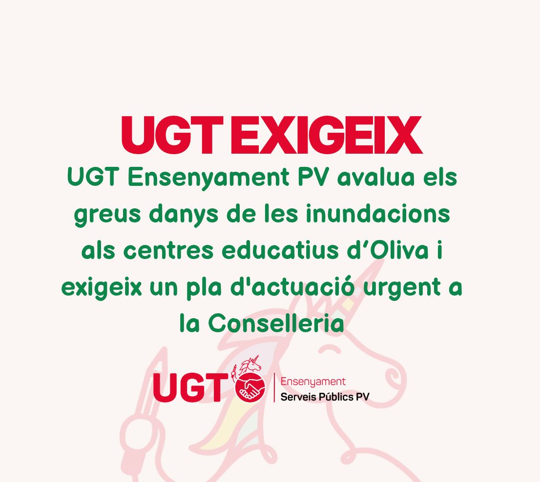 UGT Ensenyament PV avalua els greus danys de les inundacions als centres educatius d’Oliva i exigeix un pla d’actuació urgent a la Conselleria